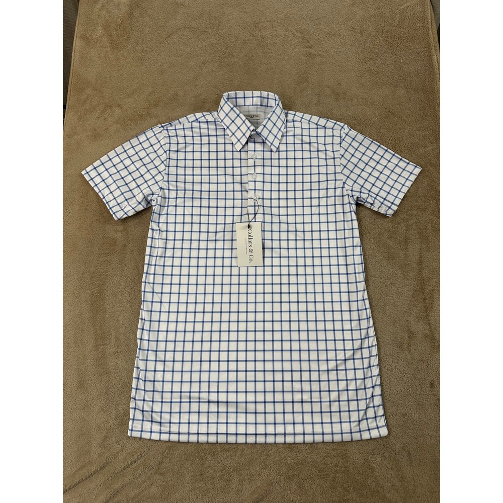 Collars & Co. Shirt Men Small Polo Shirt Blue white Plaid Check Short Sleeve NEW